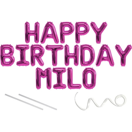 Milo, Happy Birthday Mylar Balloon Banner - Pink - 16 inch Letters. Includes 2 Straws for Inflating, String for Hanging. Air Fill Only- Does Not Float w/Helium. Great Birthday
