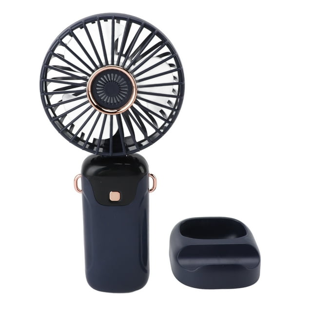 mini ventilador de mano base portátil usb recargable 5 velocidades, vista frontal centrada del ventilador azul con rejilla circular y hélices visibles, mango cilíndrico con botón frontal y anillas laterales, base desmontable junto a la unidad, carcasa ABS brillante y batería de litio 3000 mAh; también suele usarse como ventilador de escritorio portátil para viajes cortos.