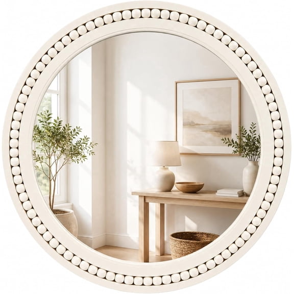 Saliwa 24" Round Wall Mirror, White Wood Frame, Rustic Farmhouse Decorative Mirror for Bathroom, Bedroom, Entryway and Living Room