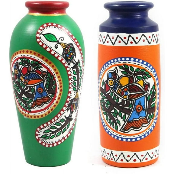 India Meets India Handicraft Terracotta Flower Vase Set of 2 with Hand Painted Flower Design, Best Gifting, Made by Awarded Indian Artisan