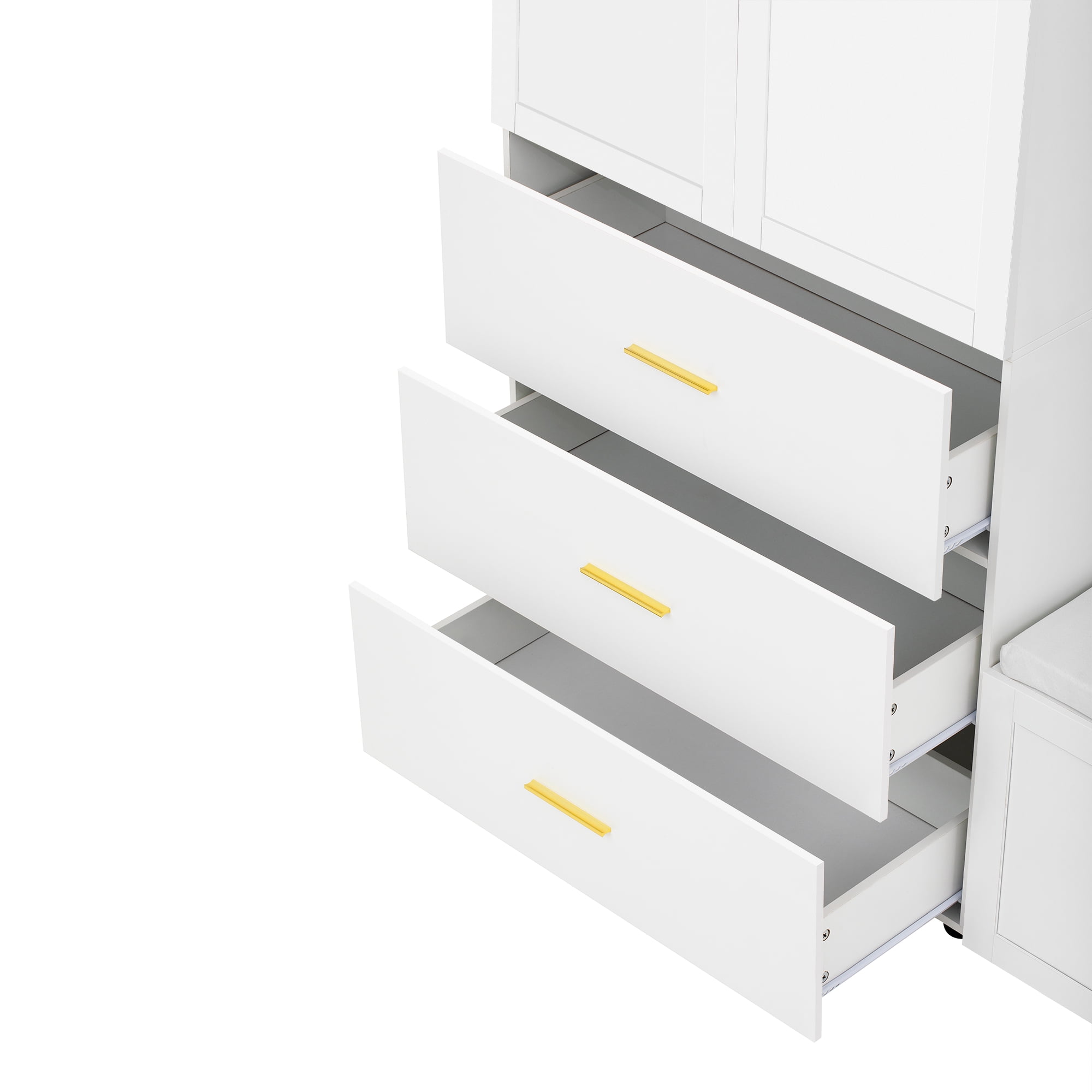 T-Foyer Modern White 4-in-1 Hall Tree with 4 Hooks, Padded Bench & Cabinets, Wooden Rustic Entryway Organizer with Open Storage & 3 Drawers