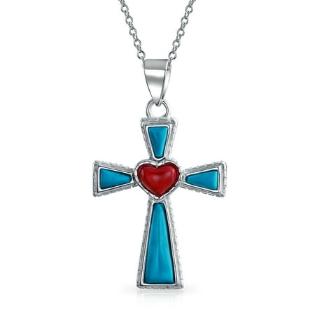 - Southwestern Style Compressed Turquoise Rope Edge Red Heart Cross Pendant Sterling Silver Necklace 18 In Chain 1.75 in