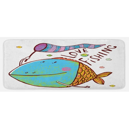 

Fishing Kitchen Mat Large Fat Fish Holding a Flag with Love Words Humorous Fun Theme Plush Decorative Kitchen Mat with Non Slip Backing 47 X 19 Multicolor by Ambesonne