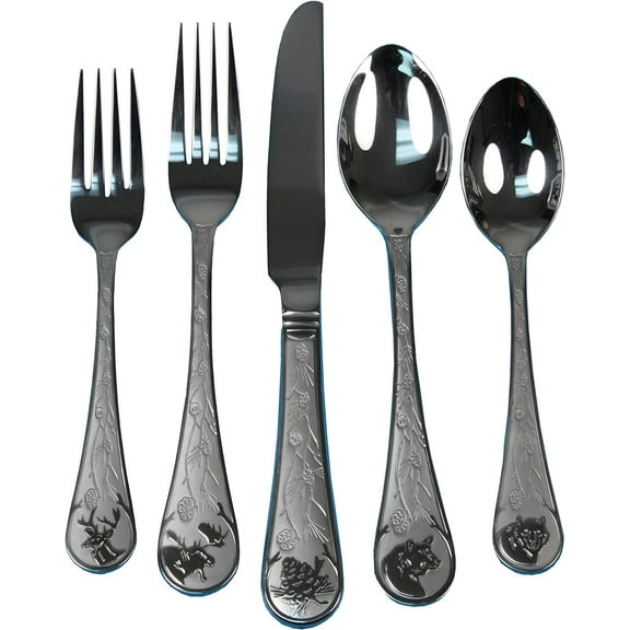 Rivers Edge Products 20-Piece Flatware Set for 4, Stainless Steel Silverware Set with Rustic Wildlife and Foliage Design, Forks Spoons and Knives Set, Dishwasher Safe