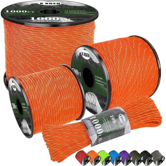 X XBEN Paracord Reflective 1000lb, 50/100/200/500/1000ft 4mm, 13 Strand Paracord Rope, Tactical Parachute Cord for Camping, Fishing, Clothesline, Hammock, Tent & Survival Bracelet