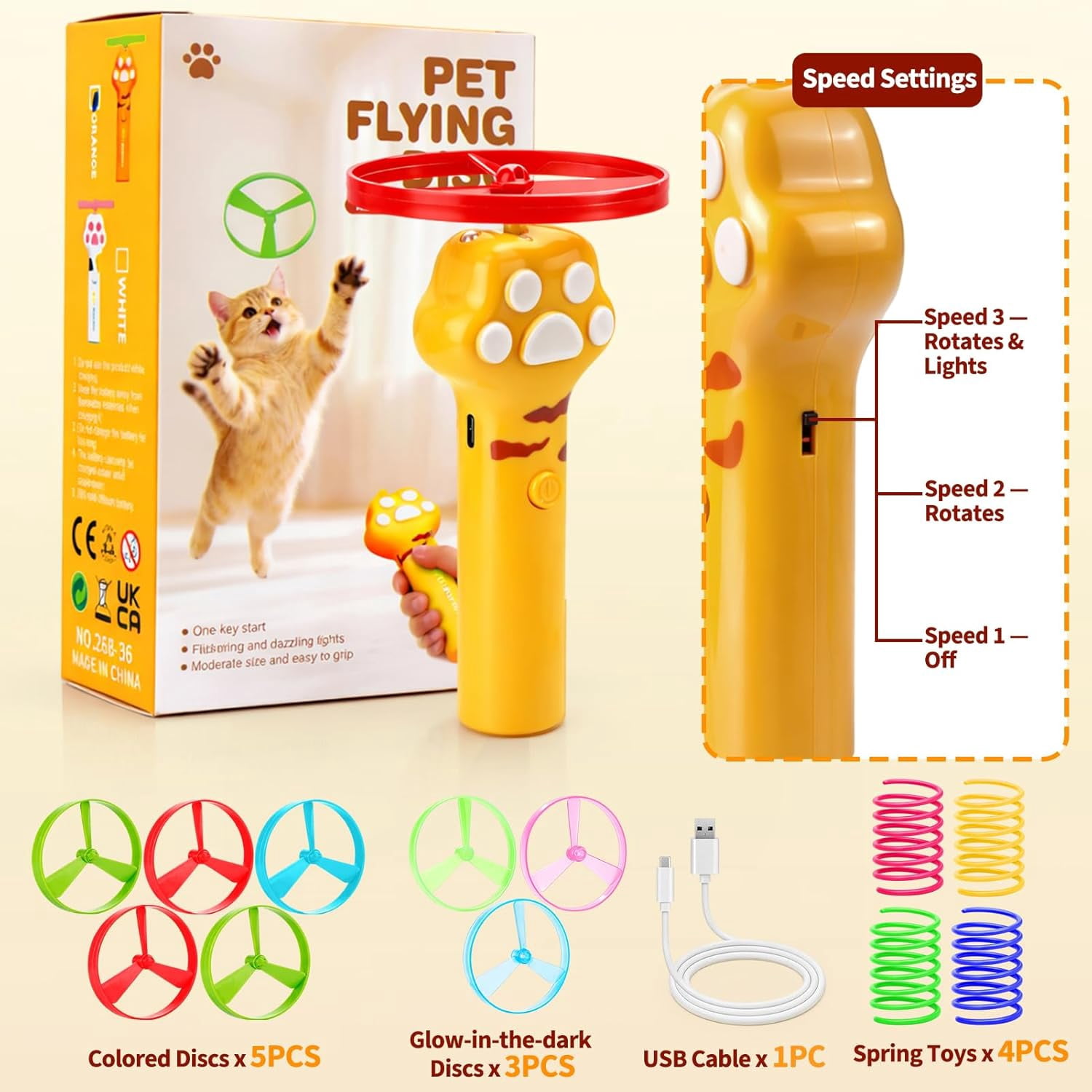 Cat Toy Disc Launcher, Rechargeable Interactive Cat Fetch Toy Launcher with 8 Flying Discs, Flying Enrichment Toys for Indoor Bored Kittens & Adult Cats (Yellow)