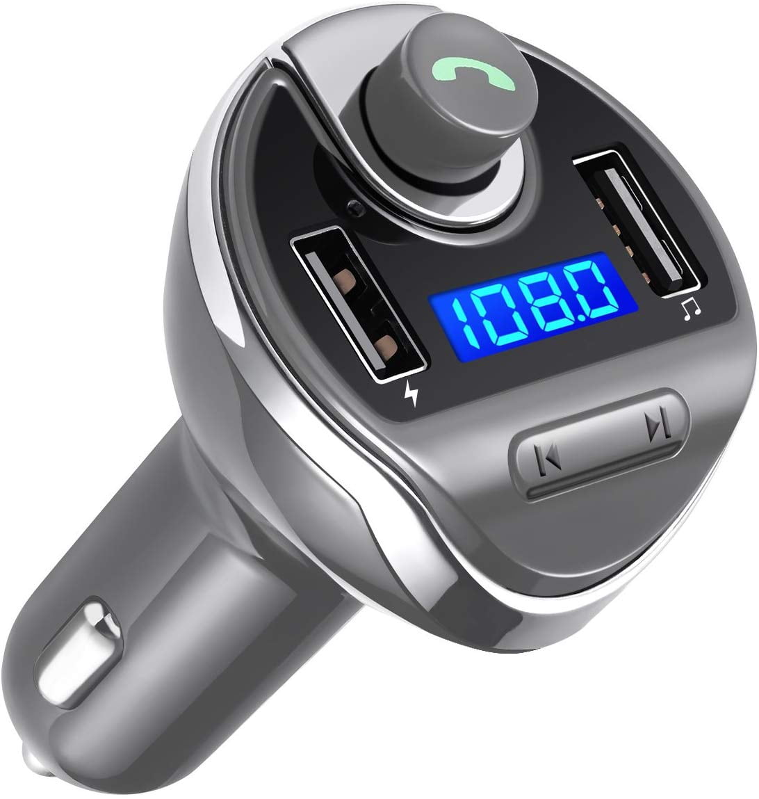 Hands-Free Call ORIA Bluetooth FM Transmitter for Car with mic Inside,AUX Music Player,for Smartphones Wireless Bluetooth Radio Transmitter Car Adapter,Dual USB Charging Ports 