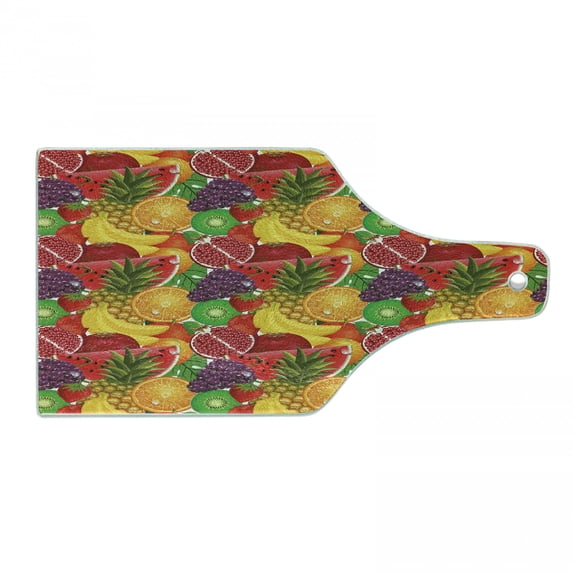 Colorful Cutting Board, Exotic Tropical Fresh Ripe Juicy Fruits Pineapple Berries Watermelon Grape Orange, Tempered Glass Cutting and Serving Board, Wine Bottle Shape, Multicolor, by Ambesonne