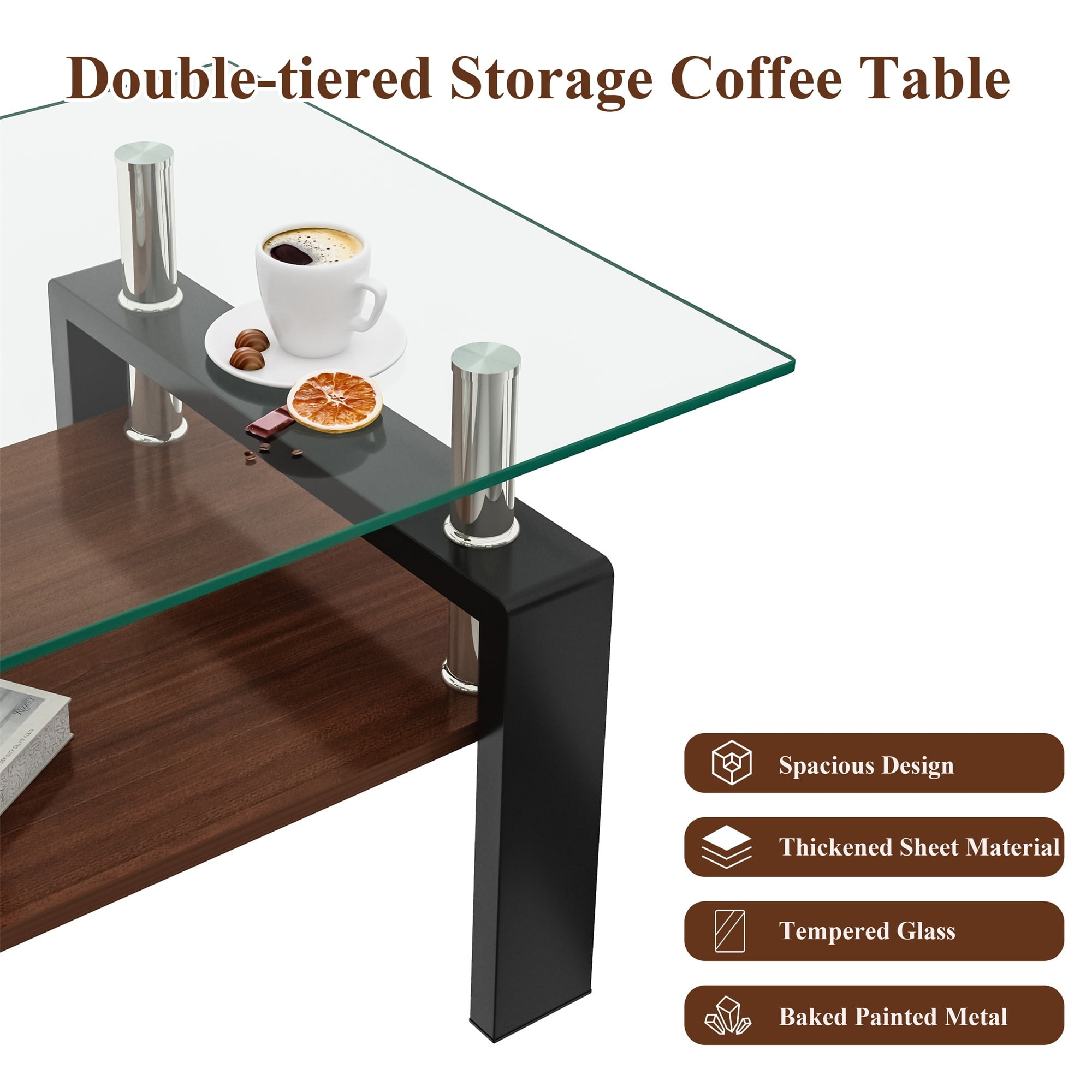 Alvantor Glass Coffee Table, 38.6" Modern Rectangle Tables with Clear Tempered Glass Top and MDF Layer for Living Room Brown