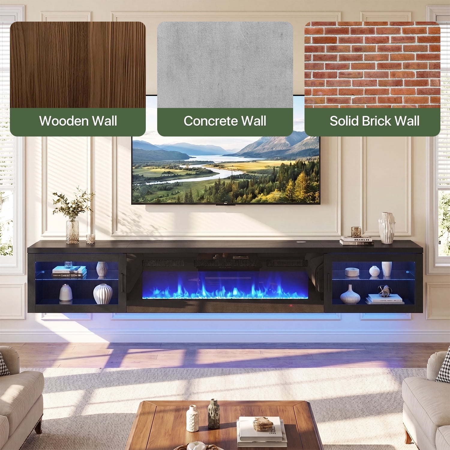 BaPiPro Floating TV Stand with fireplace for TV's up to 90", 80" Wall Mounted Floating Entertainment Center with LED Lights, Modern Fireplace TV Console for Living Room, Black