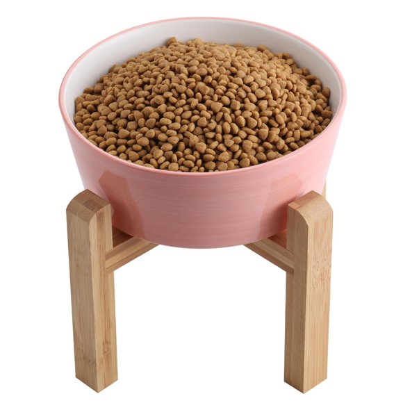 Addogyy Tazón De Cerámica Para Perros Elevado/Elevado Rosa Con Soporte De Madera Para Comida Para Perros De Raza Mediana Grande, Plato De Agua, Peso Pesado, 8 Pulgadas, Antideslizante, Moderno Y Lindo