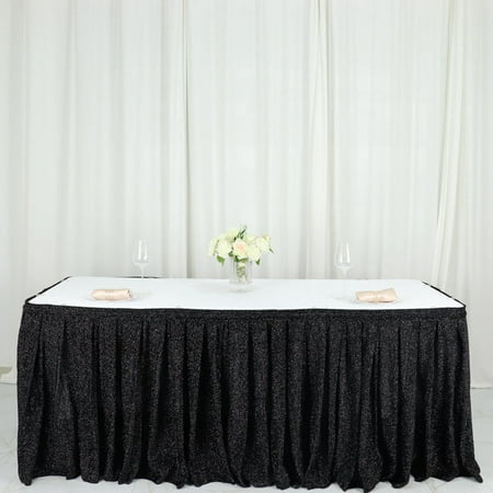 

Efavormart 17ft Black Shiny Metallic Spandex Pleated Table Skirt Glitter Semi-Sheer Table Skirt with Top Strip for Dining Catering Wedding
