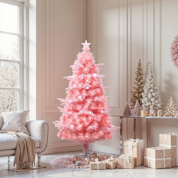 5Ft Pre-Lit Cherry Blossom Artificial Tree w/ Fiber Optic Lights & Pinecone Top