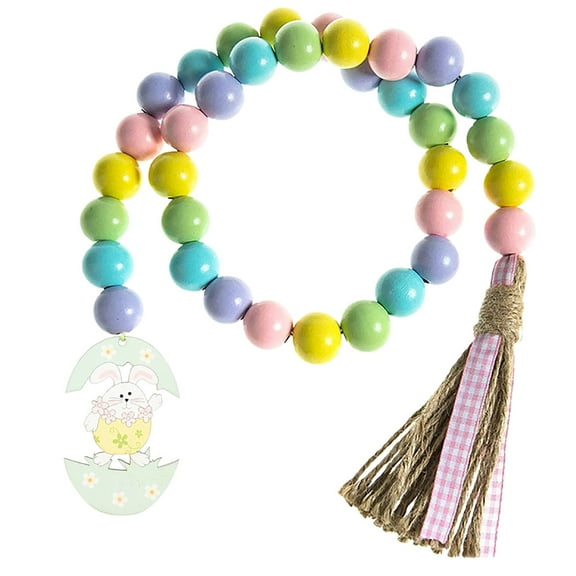 MOQLOM Easter Wood Beads Garland, 1pc Rustic Farmhouse Bead Garland Beaded Tiered Tray Decor, Prayer Bead Wall Hanging Decor with Bunny Egg Tag, Linen Tassels, 28.3in