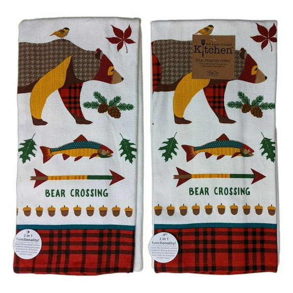 Set of 2 Forest Friends BEAR CROSSING Terry Kitchen Towels by Kay Dee Designs
