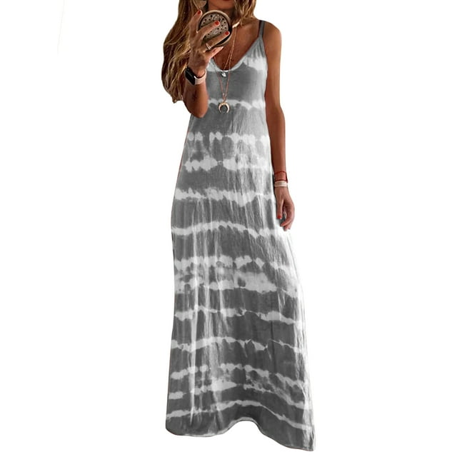 Robe BOHO Sans Manches Femme Longue Robe d'Été de Plage Ample Décontractée à Bretelles Spaghetti Maxi Robes d'Été