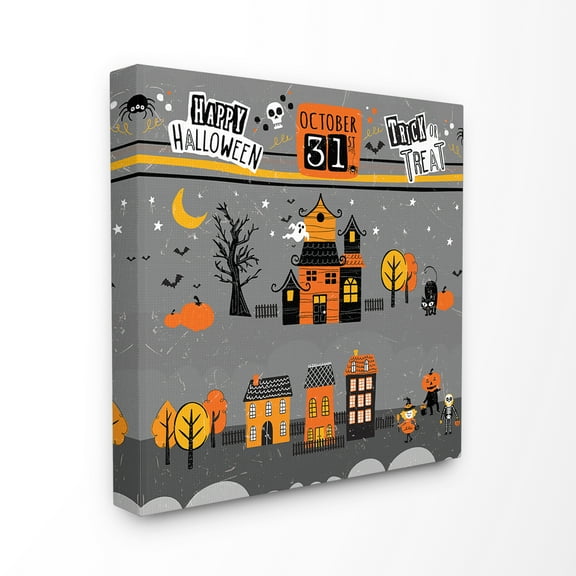The Stupell Home Decor Collection Black Orange and Grey October 31st Trick Or Treat Houses Night Scene Stretched Canvas Wall Art, 17 x 1.5 x 17