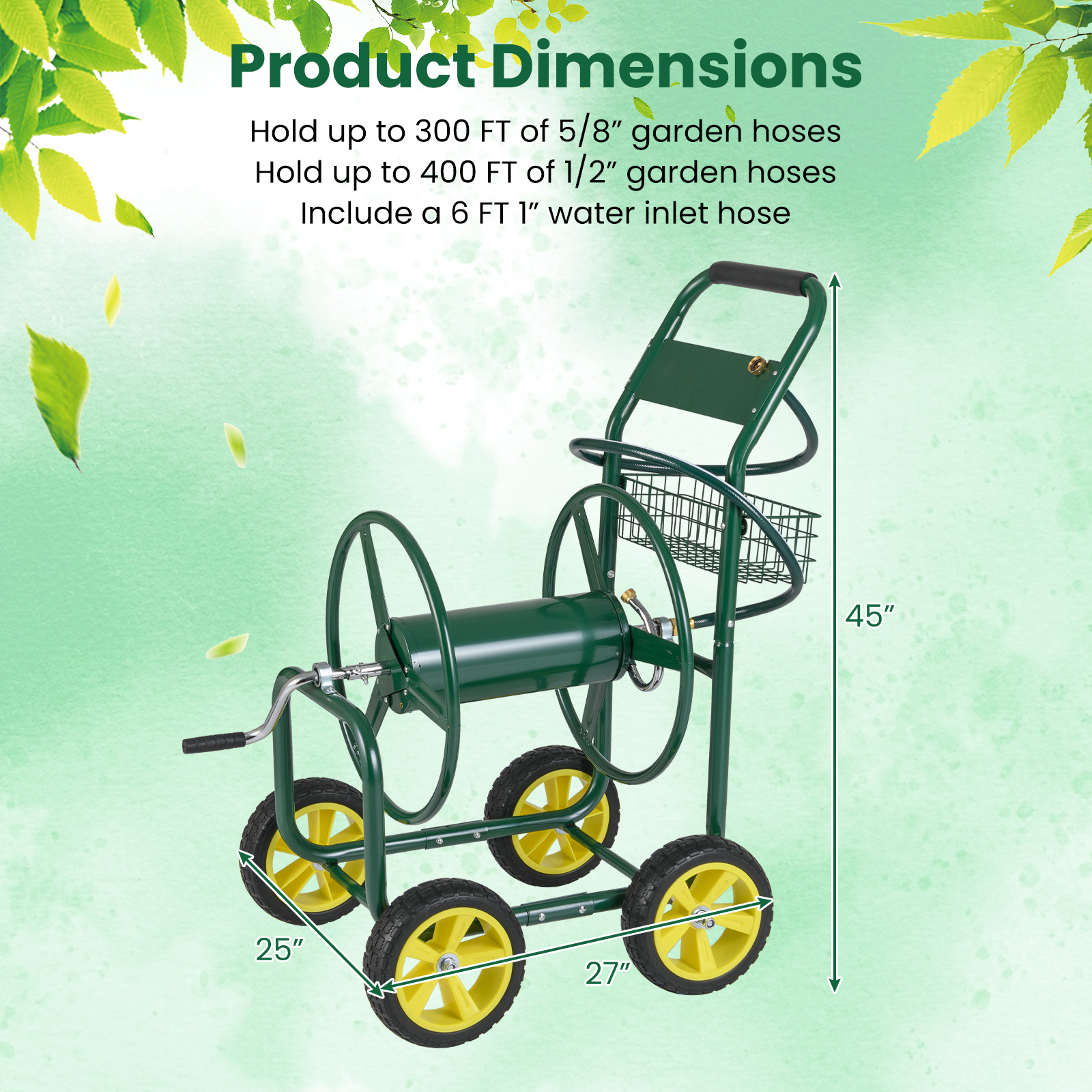 Gymax Garden Hose Reel Cart 300 FT of 5/8'' Large Capacity Heavy-Duty Metal Hose Cart Green