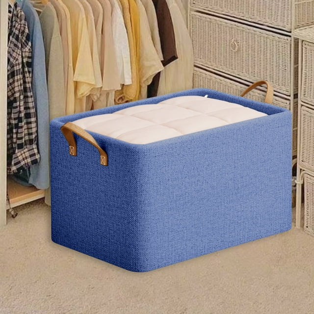 Organizador de armario plegable de tela azul marino con tapa | Contenedor portátil para ropa que ahorra espacio en el armario del dormitorio | Contenedor plegable ideal para viajes, ideal para
