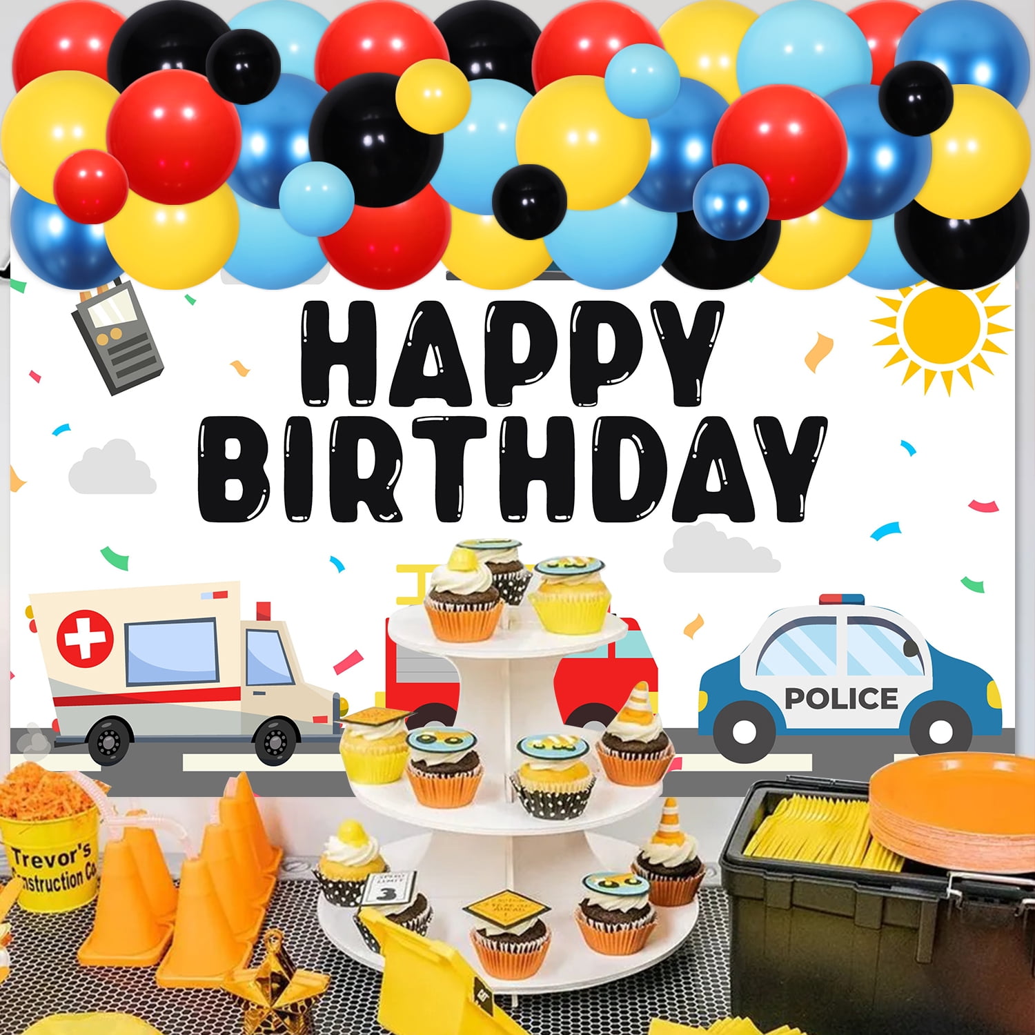 75Pcs First Responders Birthday Party Decor, Emergency Rescue Team Party Decor with Calling All Units Backdrop Blue Red Yellow Balloon Garland Arch Kit for Ambulance Fire Truck Police Party Supplies