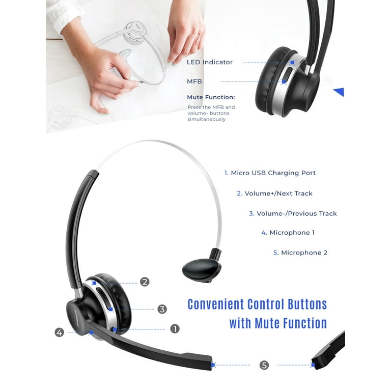 Mpow 215 Hours Wireless Headset with Dock, Noise Cancelling Bluetooth Headphone with Dual Mic for Laptop, Truck Office, Call Center, Skype - Walmart.com