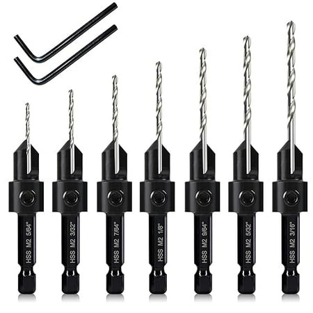 

7 Pack Countersink Drill Bits Set Wood Drill Countersink Counterbore 3in1 Three 82-Degree Chamfer Cutters M2 Counterbore Cutting Depth Adjustable with 2 Allen Wrenches and 1/4” Hex Shank
