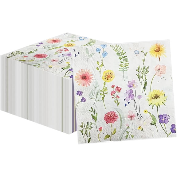 100 Pcs Floral Paper Napkins Disposable 6.5 x 6.5 Inch, Vintage Wildflower Cocktail Napkins 2-Ply, Spring Decorative Napkins for Wedding Baby Shower Bridal Shower Tea Party Garden Kitchen