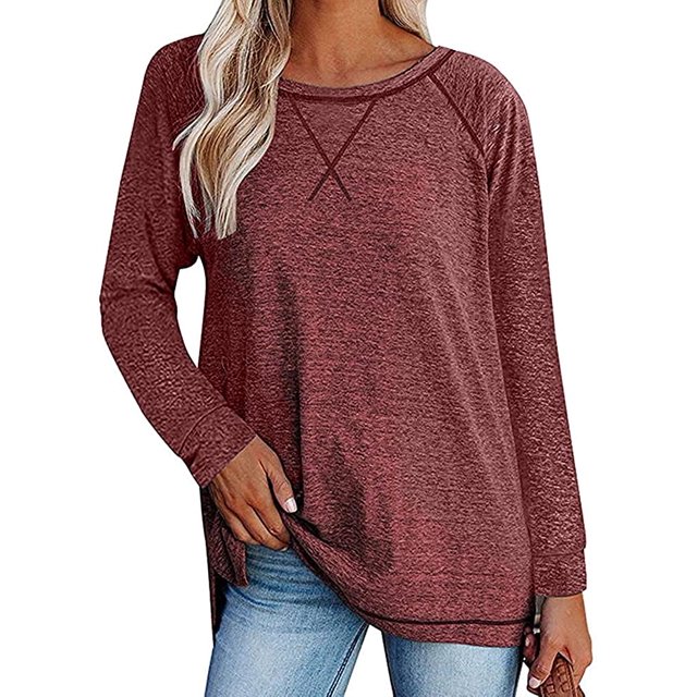 Chemises à Manches Longues pour Femmes Col Ras du Cou Raglan Casual Tunique en Coton en Vrac T-Shirt d'Automne