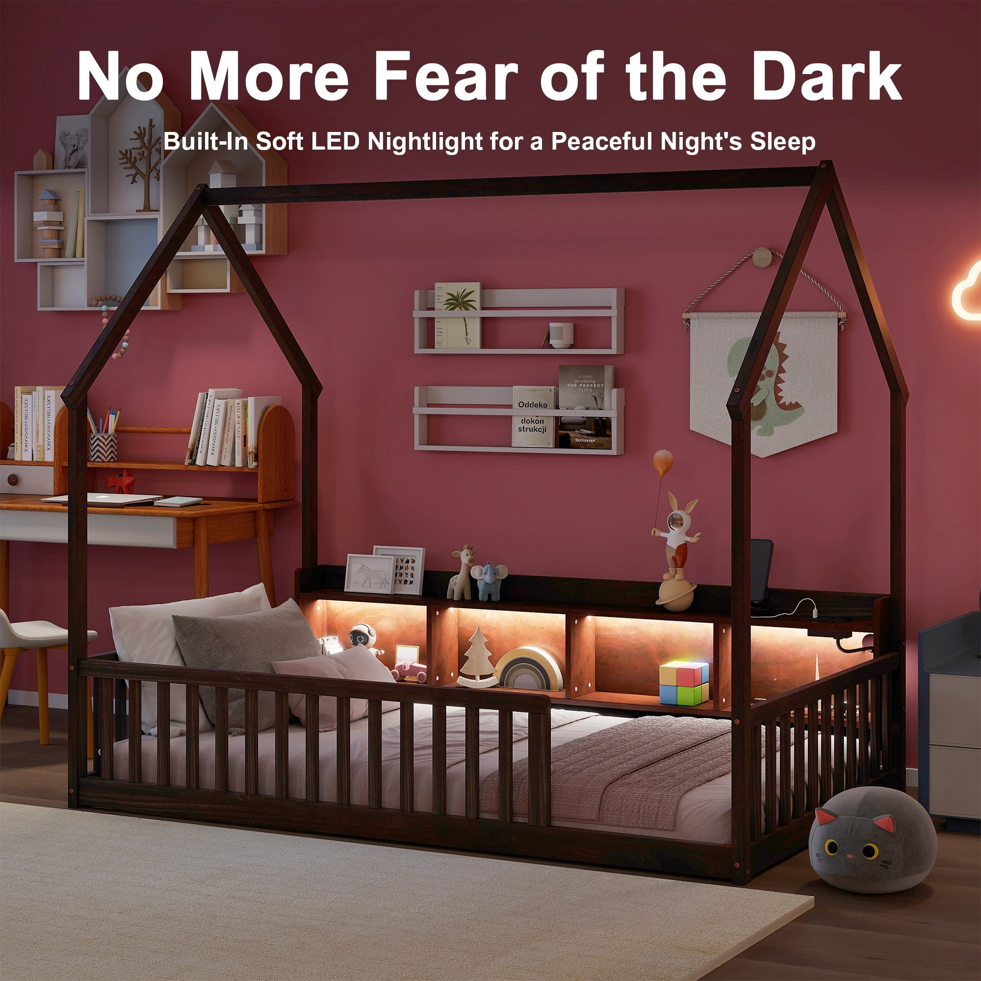 Leumius Twin Size House Floor Bed with Storage Shelves,Built-in LED Lights & Charging Station,Pine Wood Floor Bed Frame with Safety Guardrails for Kids Bedroom Espresso
