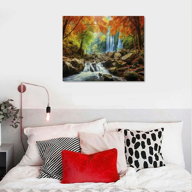 A Vibrant Painting Of A Waterfall Flowing Through A Forest At Sunset Colorful Sky Above Trees 382282264