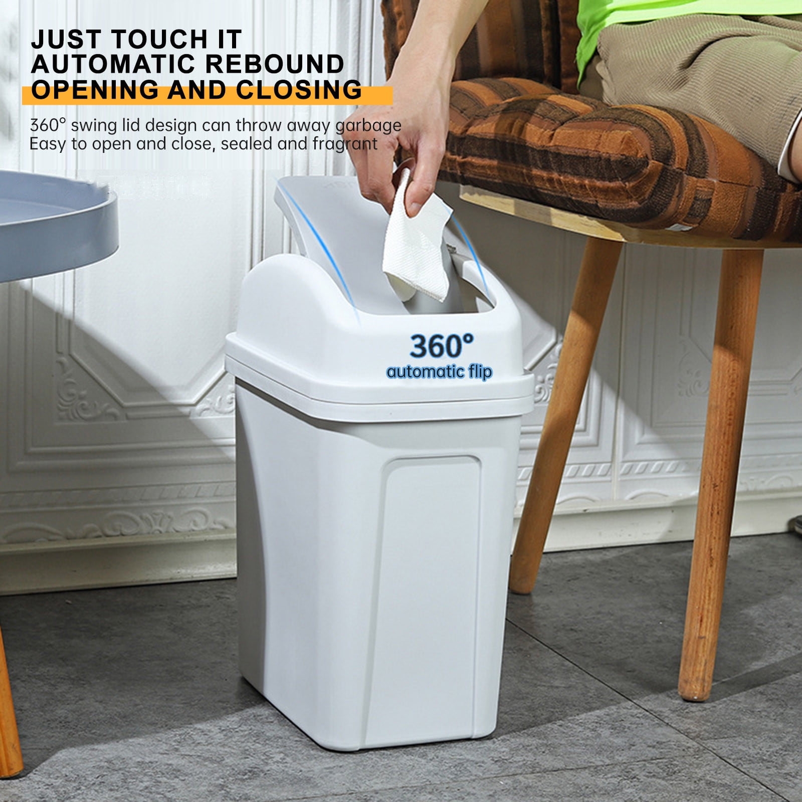 AUHomi Office Trash Can with Swing Lid, 1.8 Gallons, Indoor Plastic Garbage Can, Large Capacity Waste Basket, Garbage Bin, Slim Trash Can for Dorm, Bathroom, Living Room, Office, Kitchen,Bedroom,Black