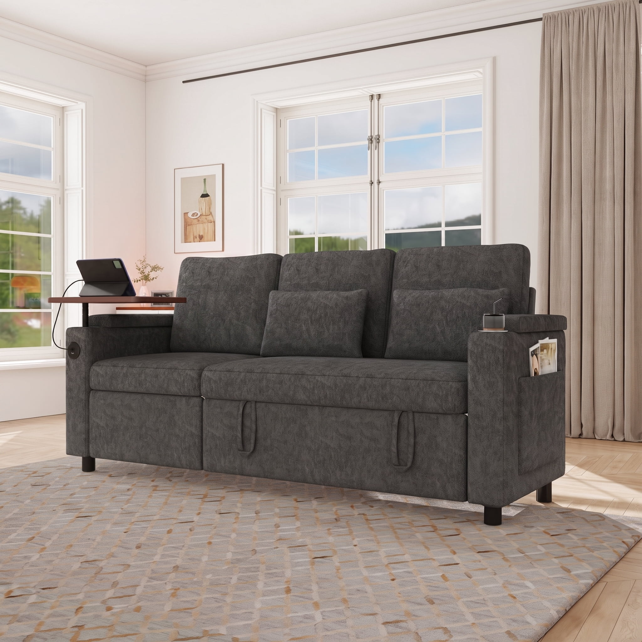Leumius 3-in-1 Foldable 3 Seater Sofa Bed with Table Board,USB Ports,Armrest Storage,Adjustable Backrest,81inch Multi-Functional Chenille Fabric Sofa Couch for Living Room,Dark Gray