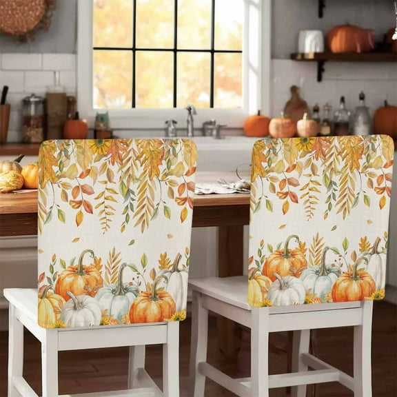 Thanksgiving Pumpkin Chair Covers Set of 1 Leaves Fall Harvest Chair Back Covers Stretch Removable Washable Slipcovers Protector for Dining Room Kitchen Party Decor