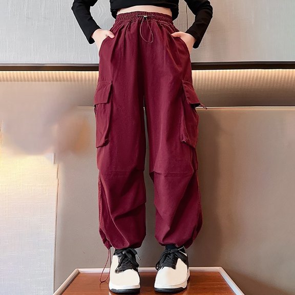 RUTAYY Girls Cargo Pants Multi Pockets Drawstring Elastic Waist Casual Trousers Loose Fit Outdoor Play Wear Red