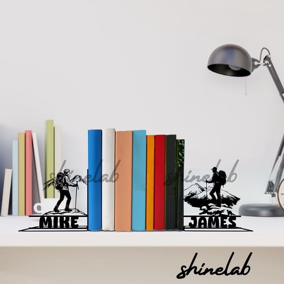 Shinelab Hiking Metal Bookends, Hiking Gifts, Sport Office Decor for Bookshelves 13006