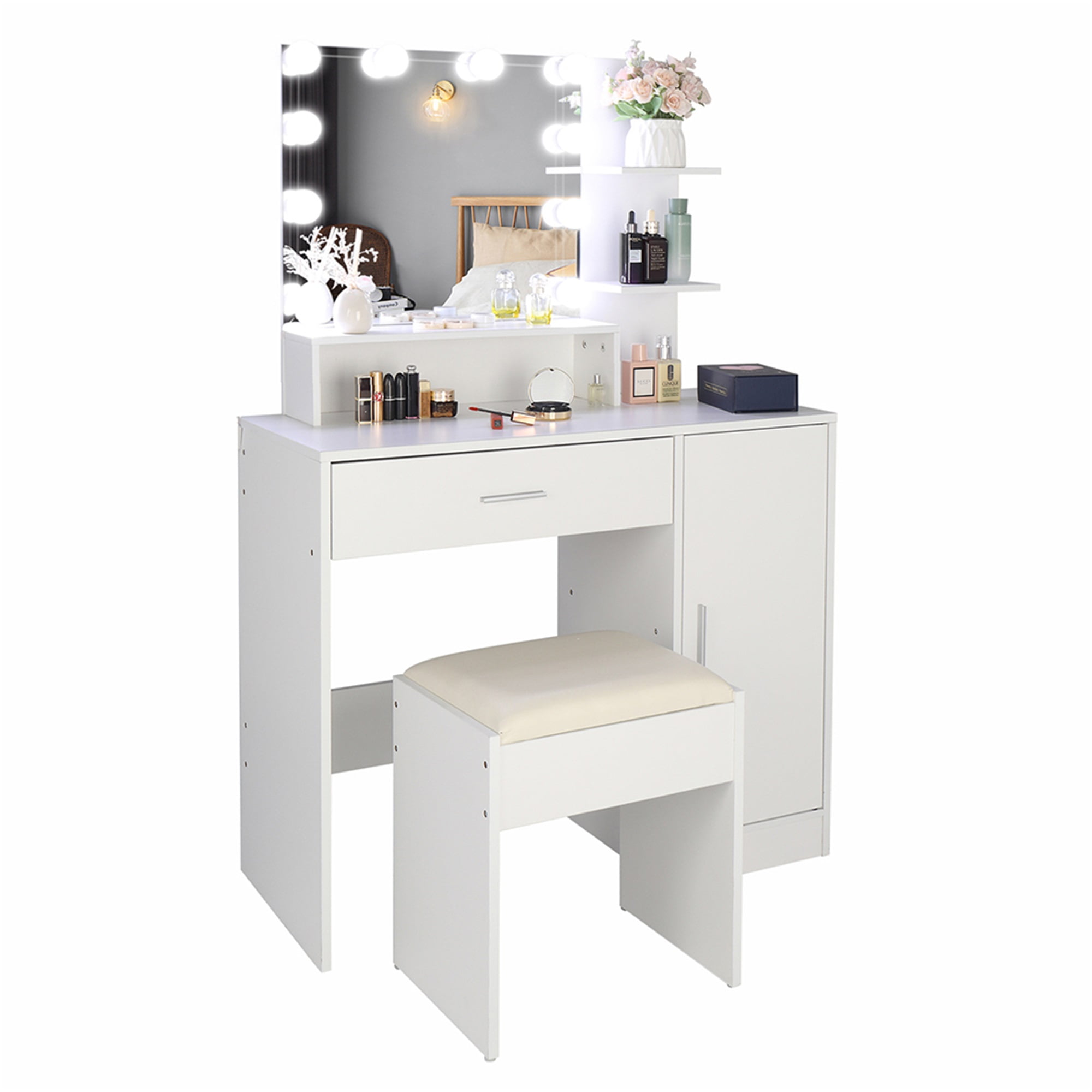 Resenkos Large Vanity Desk Set with 10 LED Bulbs, Makeup Dressing Table with Cushioned Stool for Women, Girls, Bedroom, White Resenkos Large Vanity Desk Set with 10 LED Bulbs, Makeup Dressing Table with Cushioned Stool for Women, Girls, Bedroom, White