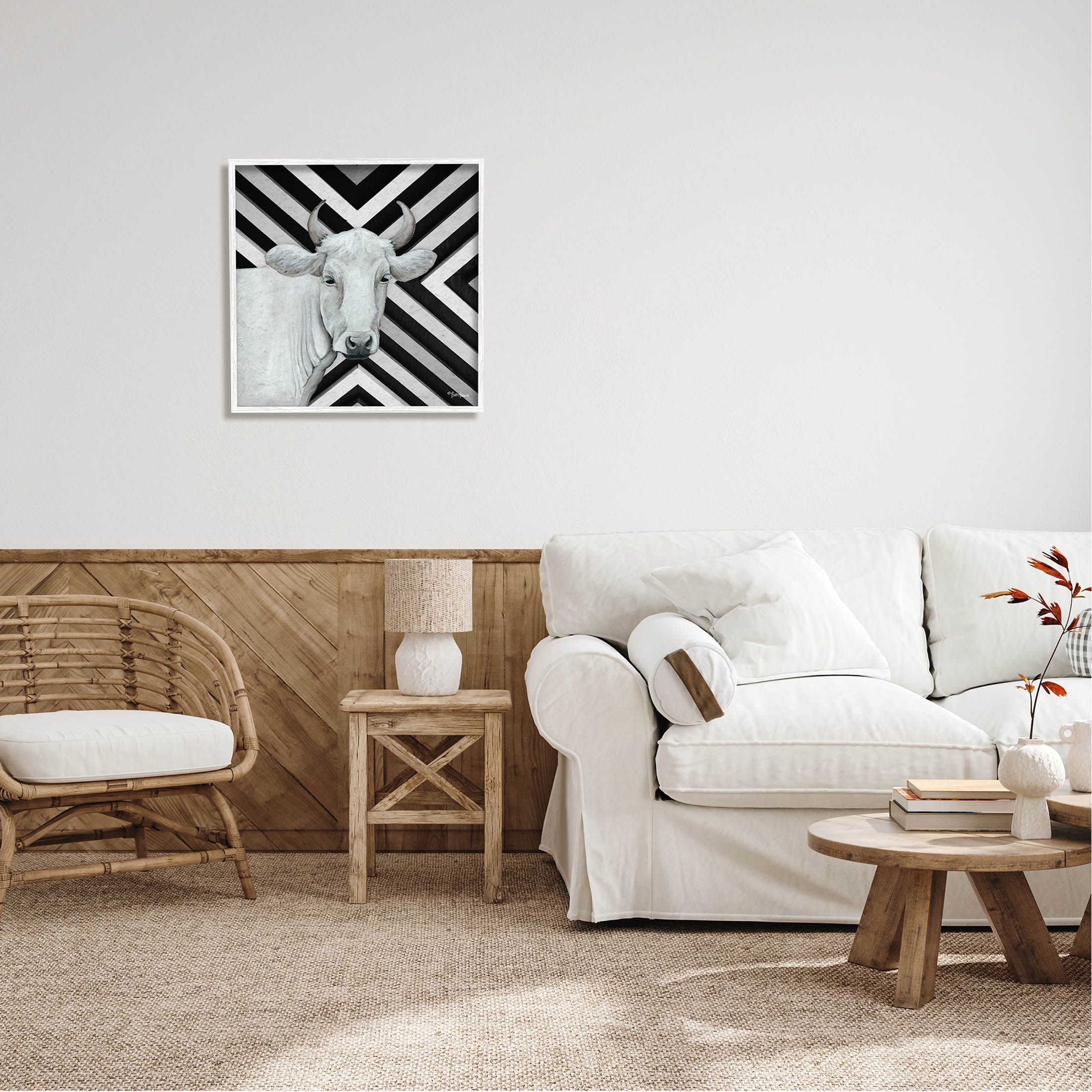 White Cattle Chevron Stripes Animals & Insects Graphic Art White Framed Art Print Wall Art