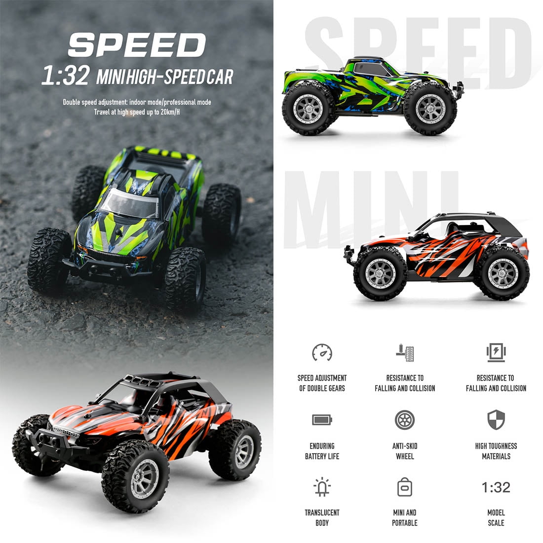 1/32 Mini Electric RC Drift Off-Road Car Model, 2.4G 20KM/H HighSpeed Racing Crawler Vehicle (RTR Version)