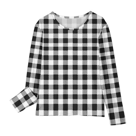 Gelikeya Girls Long Sleeve T Shirts Round Neck Plaid Shirt Basic Casual Loose Tunic Tops Soft Comfortable Kids Clothing White 3-4 Years