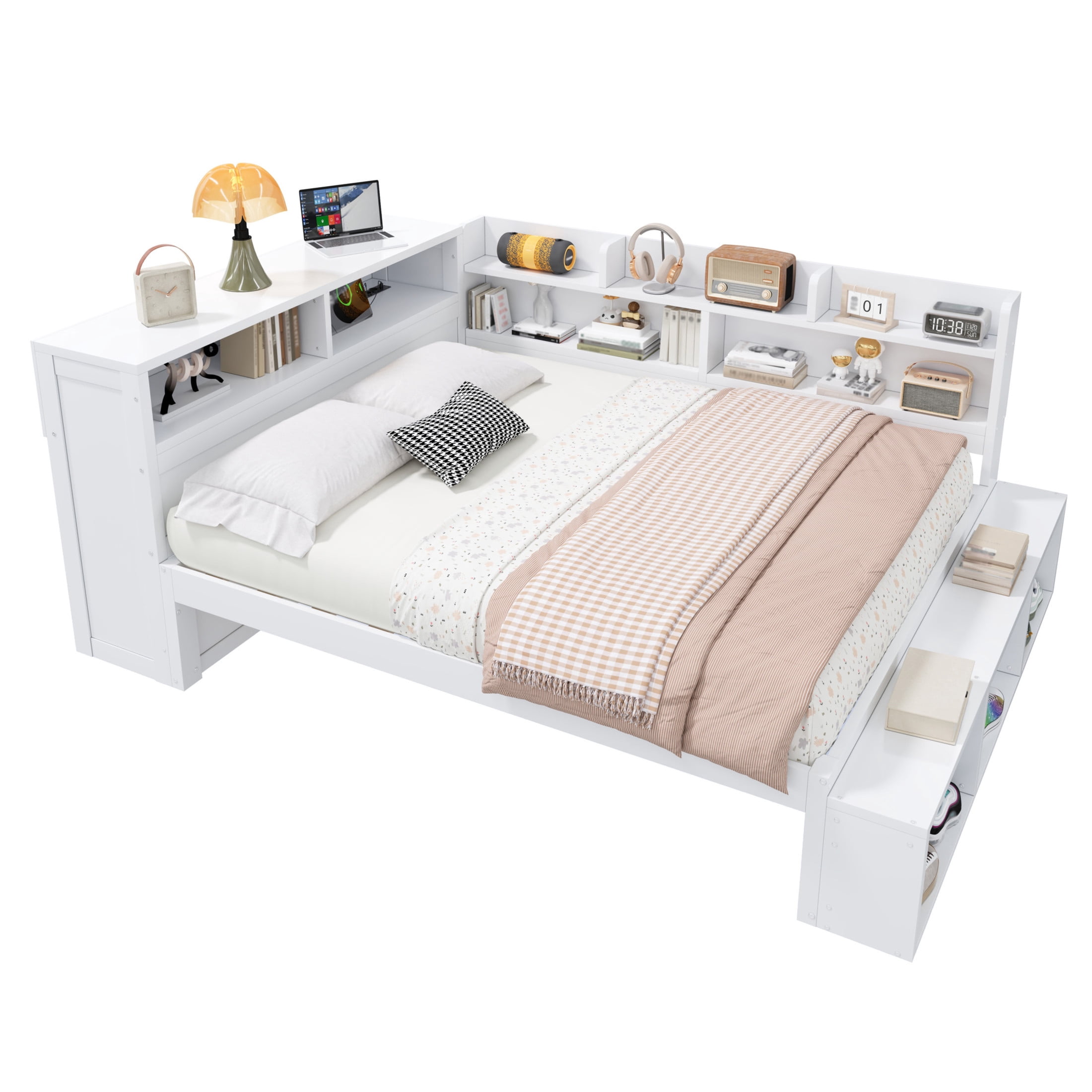 Noble House Arvion Full Size Wood Daybed with 7 Storage Cabinets, Built-in Shoe Rack and USB Charging Port, White