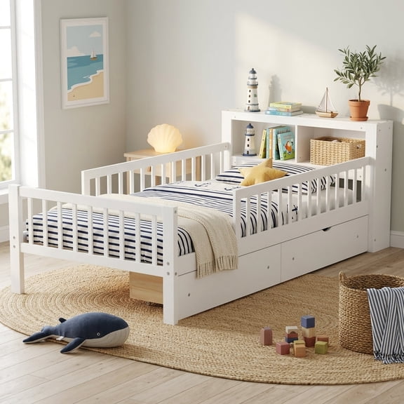 VECELO Twin Size Wooden Bed with Headboard Storage Shelf&2 Storage Drawers, Safety Guardrails, No Box Spring Needed, White Platform Bed Frame for Bedroom