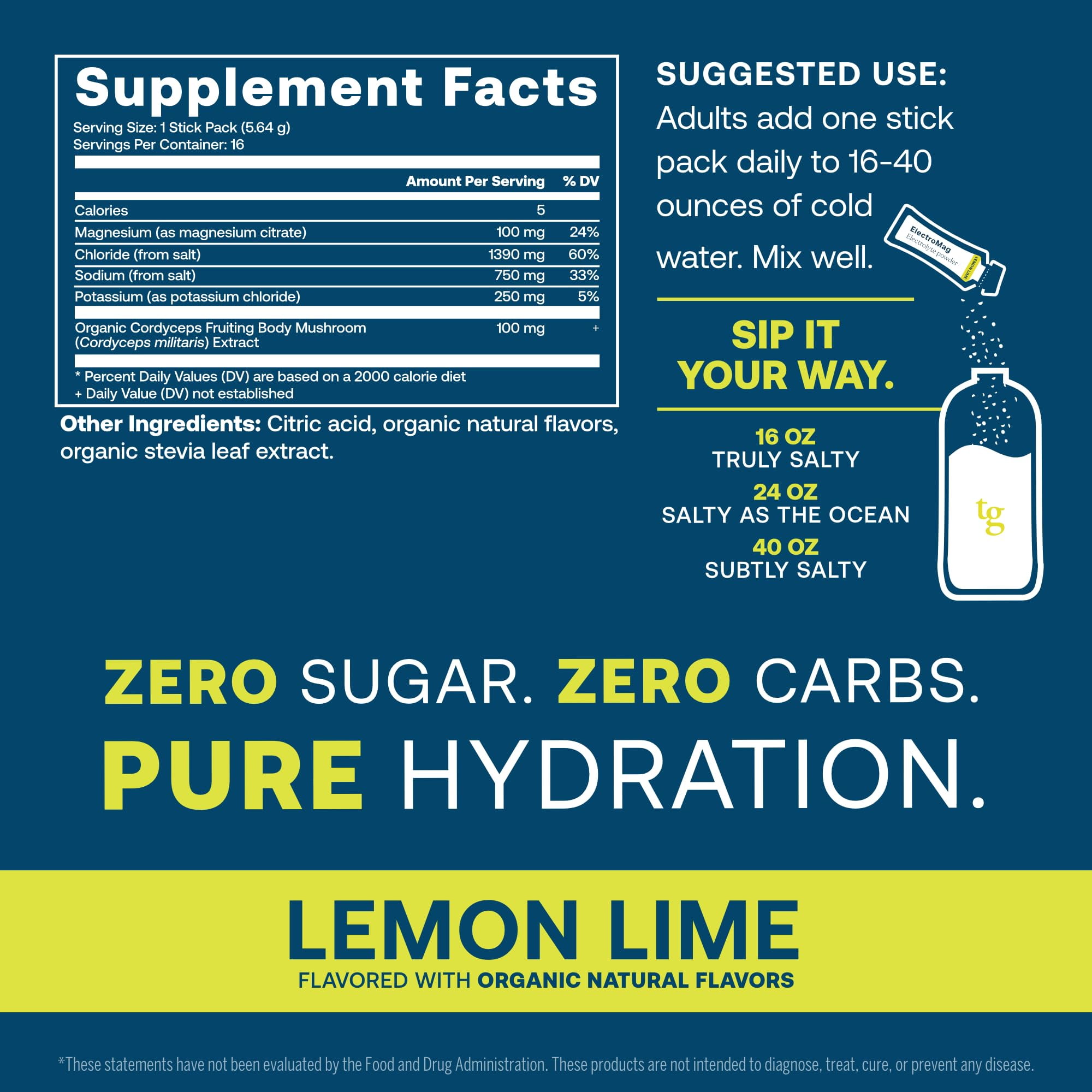 True Grace ElectroMag - 16 Stick Packs - Lemon Lime - Electrolyte Powder for Rapid Hydration - Sodium, Potassium, Magnesium & Cordyceps - Zero Sugar & Carbs - Non-GMO - 16 Total Servings