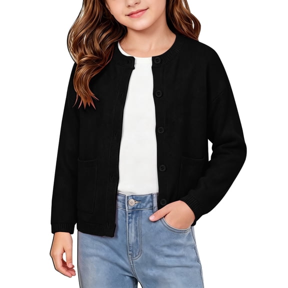 Girls Knit Cardigan Sweater Kids Long Sleeve Button down Crew Neck Top with Pockets, Solid Color Casual Outerwear for Daily Wear by Fnhpitd Black 110