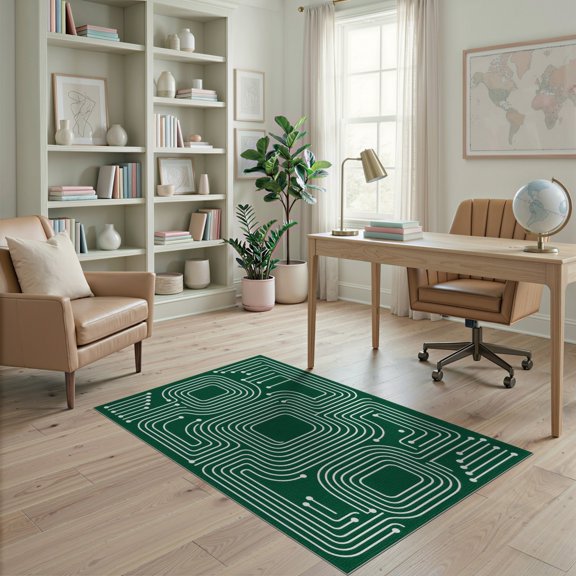 ODIKA 4'x6' Dark Green Circuit Washable Area Rug Modern Geometric Flatwoven Design With Intricate Line Motifs Pet Friendly, Non-Shedding for Bedroom, Reading Nook
