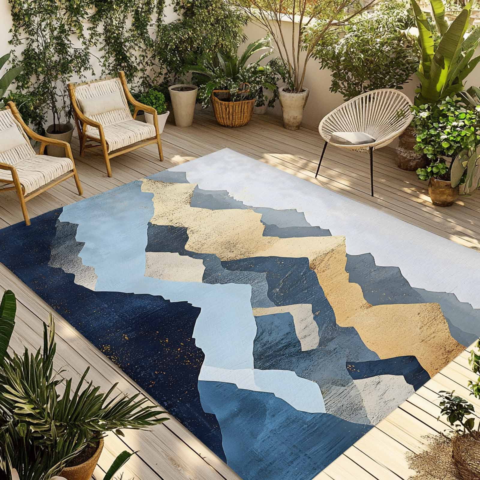 Outdoor Rug 5x8ft Abstract Ombre Blue Golden Mountain Large Area Rug Modern Art Indoor Outdoor Carpet Outdoor Rugs Mats for Patio Camping,RV,Front Door, Outside Decor
