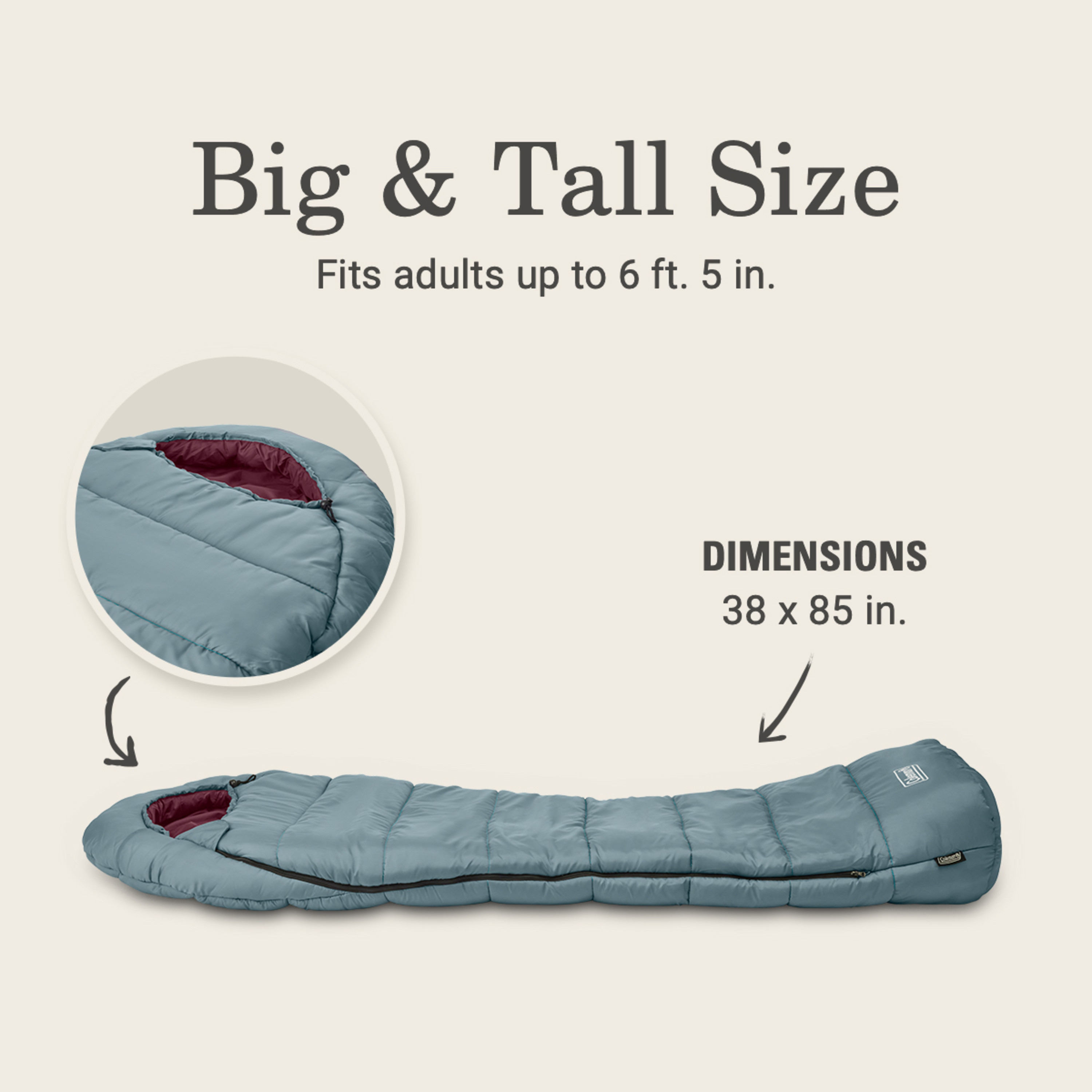 Coleman Tidelands 50-Degree Warm Weather Mummy Big and Tall Sleeping Bag, Gray - image 5 of 7