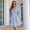 thumbnail image 4 of Women Retro Plaid Print Midi Dress Button Up V Neck Short Sleeve Ruffle Casual Dresses Blue L, 4 of 7
