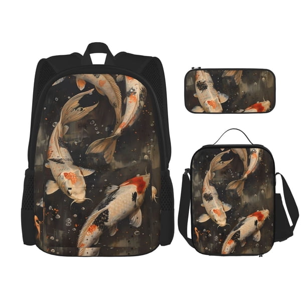 Easygdp Koi Fish Tranquility Mochila para Niños y Niñas con Set de Caja de Almuerzo y Estuche para Lápices 3 en 1, Mochila Escolar Estampada para Adolescentes