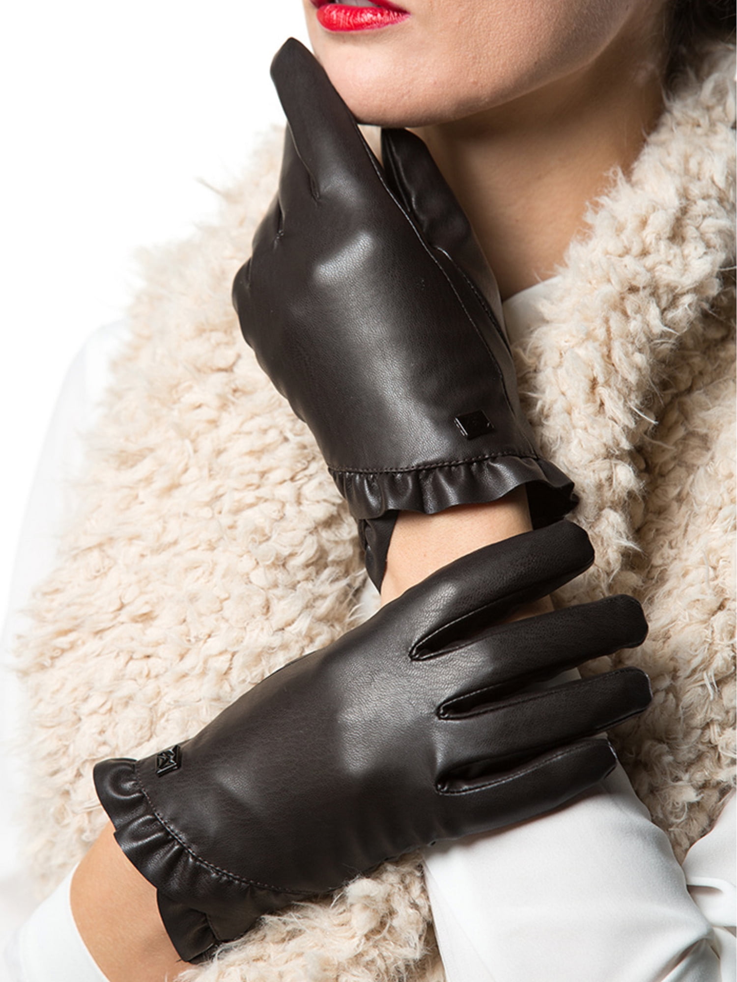 Ladies Women Beautiful Warm Soft Sheepskin Suede Gloves with Pearl Design 