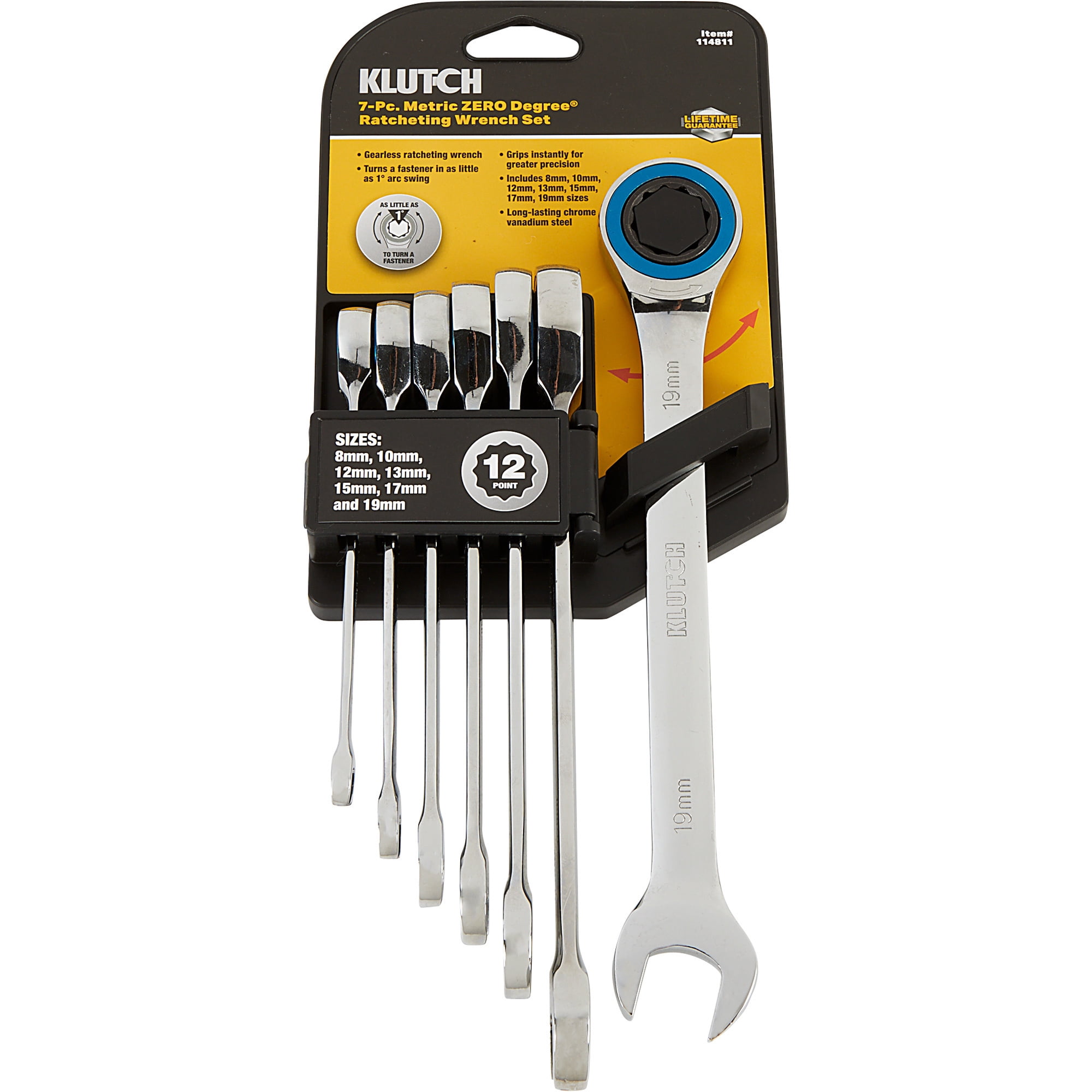 Klutch 0° Gearless Ratcheting Wrench Set, 7-Pc., 12-Pt., Metric